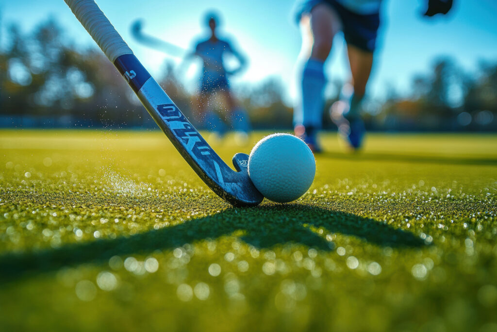 close up of field hockey stick striking ball on sunny day, showcasing action and excitement of game. vibrant green turf adds to dynamic atmosphere